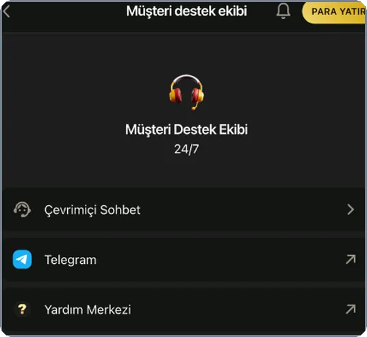 Müşteri destek menüsü Çevrimiçi sohbet, Telegram ve Yardım Merkezi seçenekleri olan destek menüsü