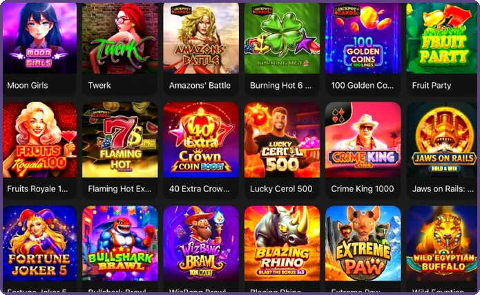 Moon Girls ve Fruit Party gibi renkli kutuların yer aldığı slot oyunları ızgarası
