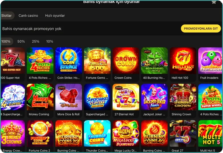 %100, %50, %25 ve %10 filtreli çevrim için slot listesi