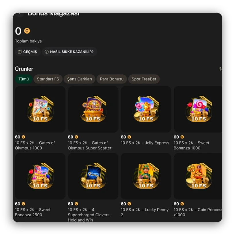 Jeton bakiyesi ve slot kutularında free spin tekliflerini gösteren Bonus Mağazası ekranı