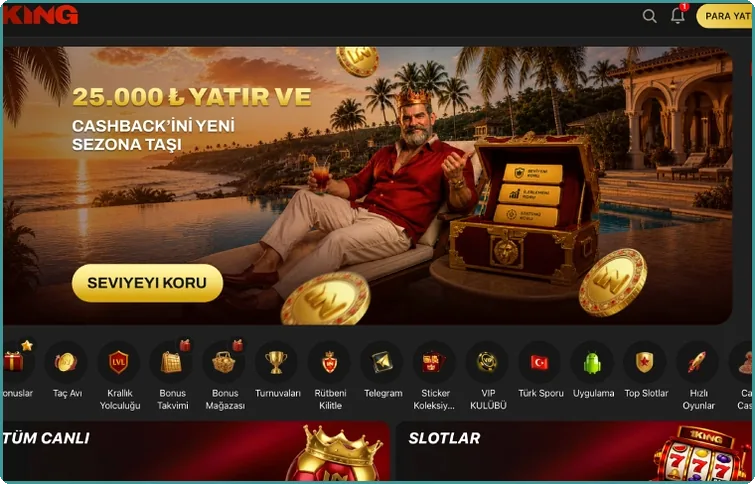 Taç görselli banner ve menü simgeleri satırı olan ana ekran