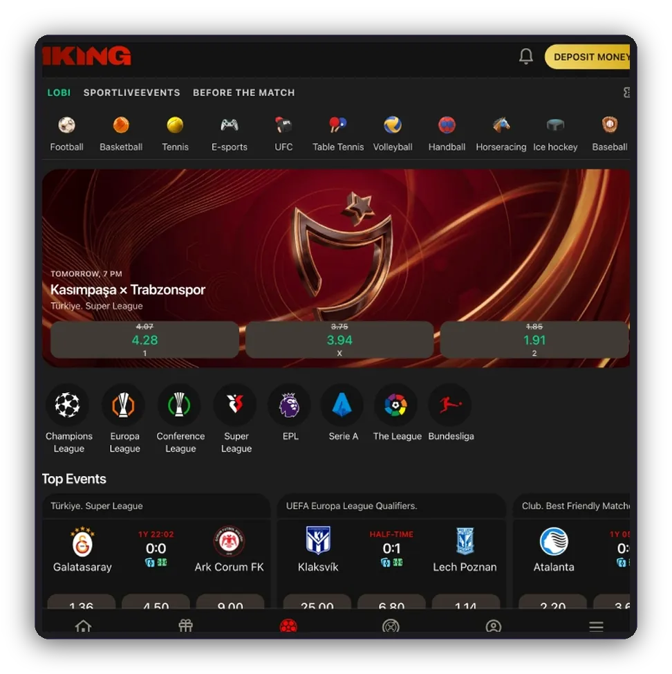 Canlı futbol maçı kartı ve spor simgeleri olan spor lobisi