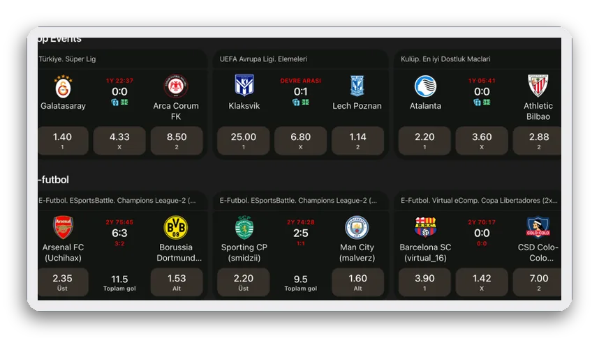 Futbol maçları ve 1 X 2 oranlarını gösteren Top Events listesi
