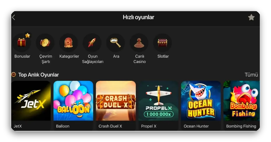 JetX, Balloon, Crash Duel X ve Propeller kutuları olan hızlı oyunlar satırı