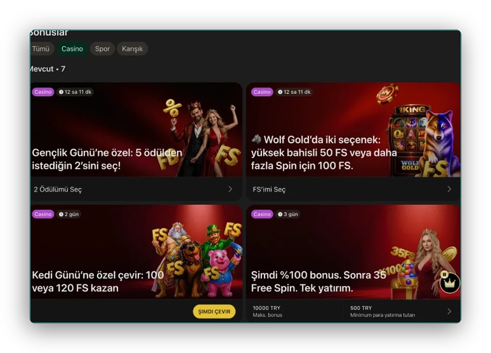Tümü, casino ve spor filtreleri ile dört casino teklif kartı içeren bonus listesi