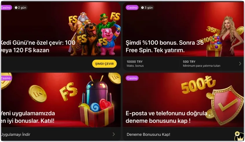 Tematik çevirme etkinliği, yatırım bonusu, uygulama teklifi ve deneme bonusu kartları