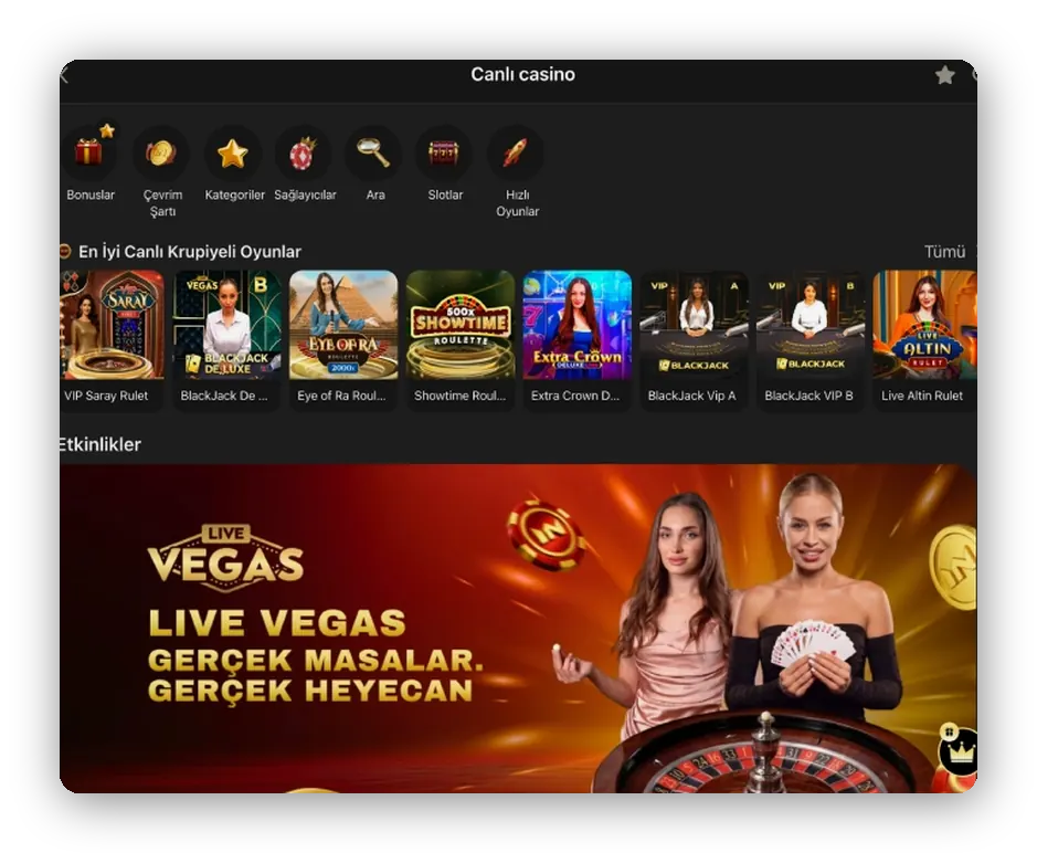 En iyi canlı oyunlar listesi ve promosyon bannerı olan canlı casino lobisi