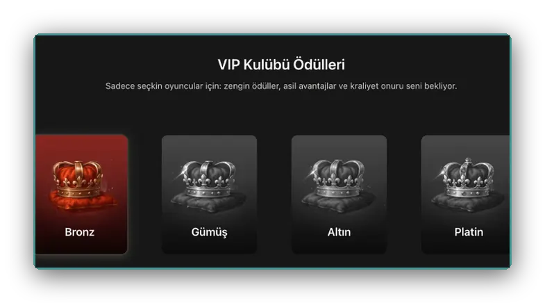 Bronz, Gümüş, Altın ve Platin adlı dört taç kartı olan VIP Kulübü ödülleri ekranı