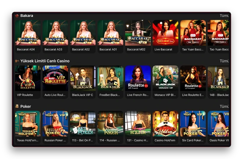 Bakara ve poker satırları Casino lobisinde canlı bakara, yüksek limit ve poker satırları