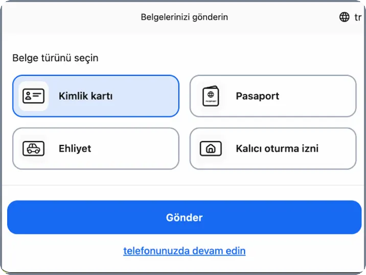 Kimlik kartı, pasaport, ehliyet ve oturum izni seçenekleri olan belge türü ekranı