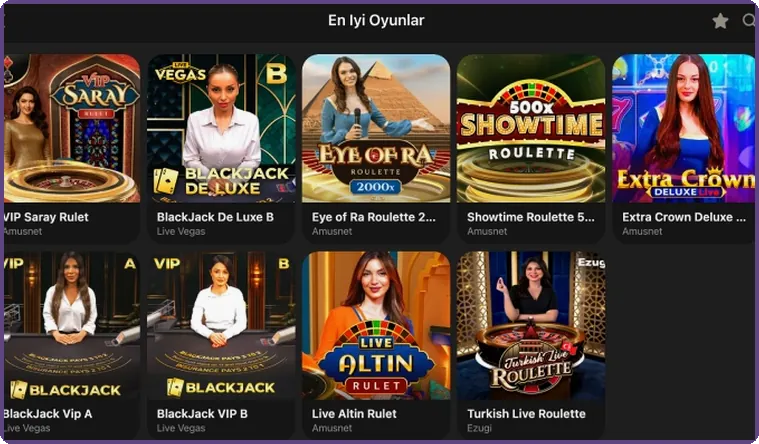 Canlı masa listesi VIP Saray Rulet, Showtime Roulette ve Eye of Ra kutuları olan canlı oyun ızgarası