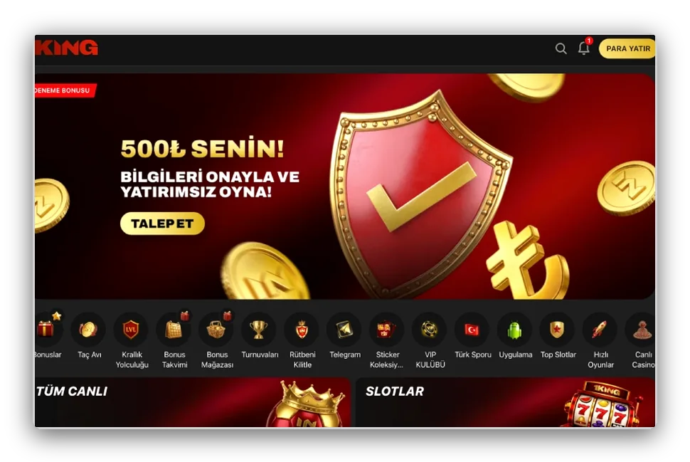 Kalkan, 500 TL tutarı ve talep butonu olan deneme bonusu bannerı