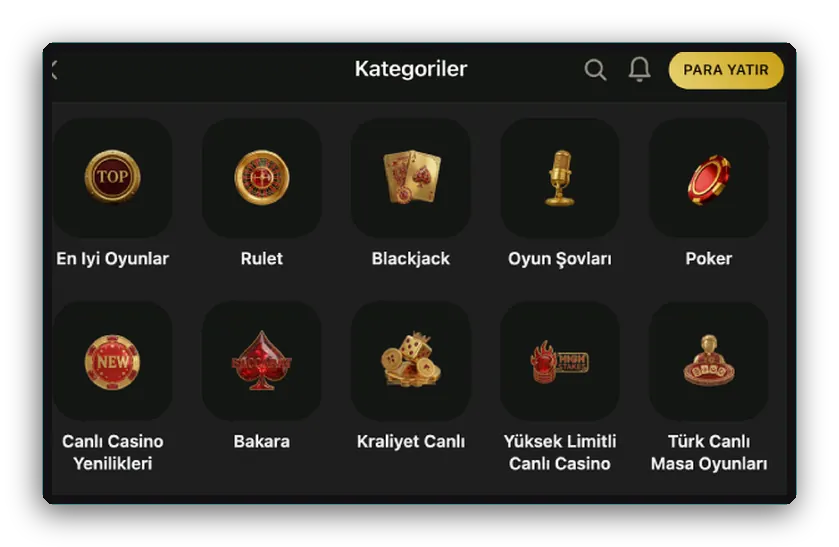 Rulet, blackjack, oyun şovu ve poker simgeleri olan casino kategorileri menüsü
