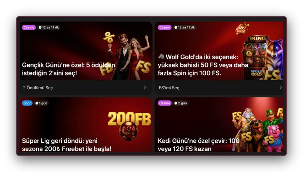 Koyu zeminde free spin ve cashback tekliflerini gösteren dört promosyon kartı