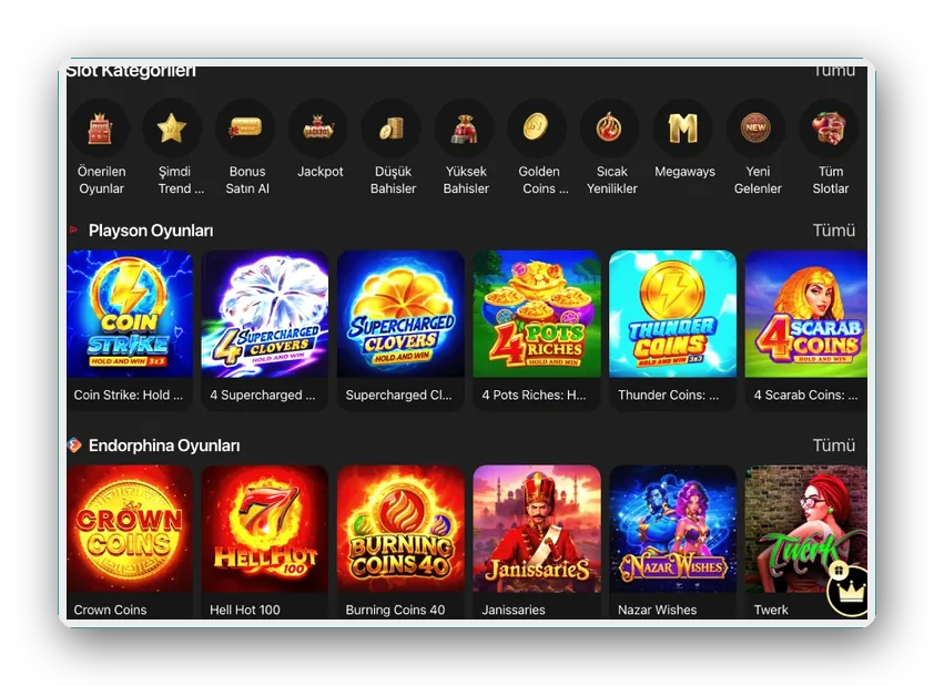Sağlayıcı oyun satırlarının üzerinde slot kategorileri çubuğu
