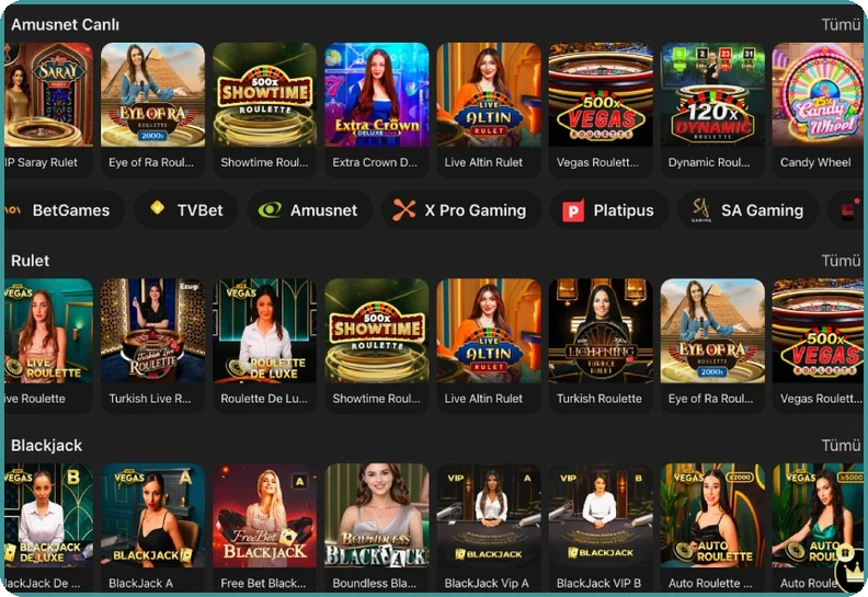 Stüdyoya göre canlı masalar Stüdyoya göre gruplanmış rulet ve blackjack masaları satırları